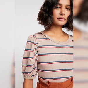 Free People Molly Tee Striped Crop Puff Sleeve